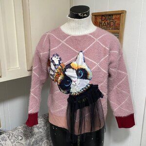NEW Pink Argyle Mock Neck Cat Sweater Size Medium